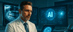 Photorealistic digital painting of a dentist analyzing AI-enhanced dental scans in a futuristic clinic with glowing holographic interfaces.