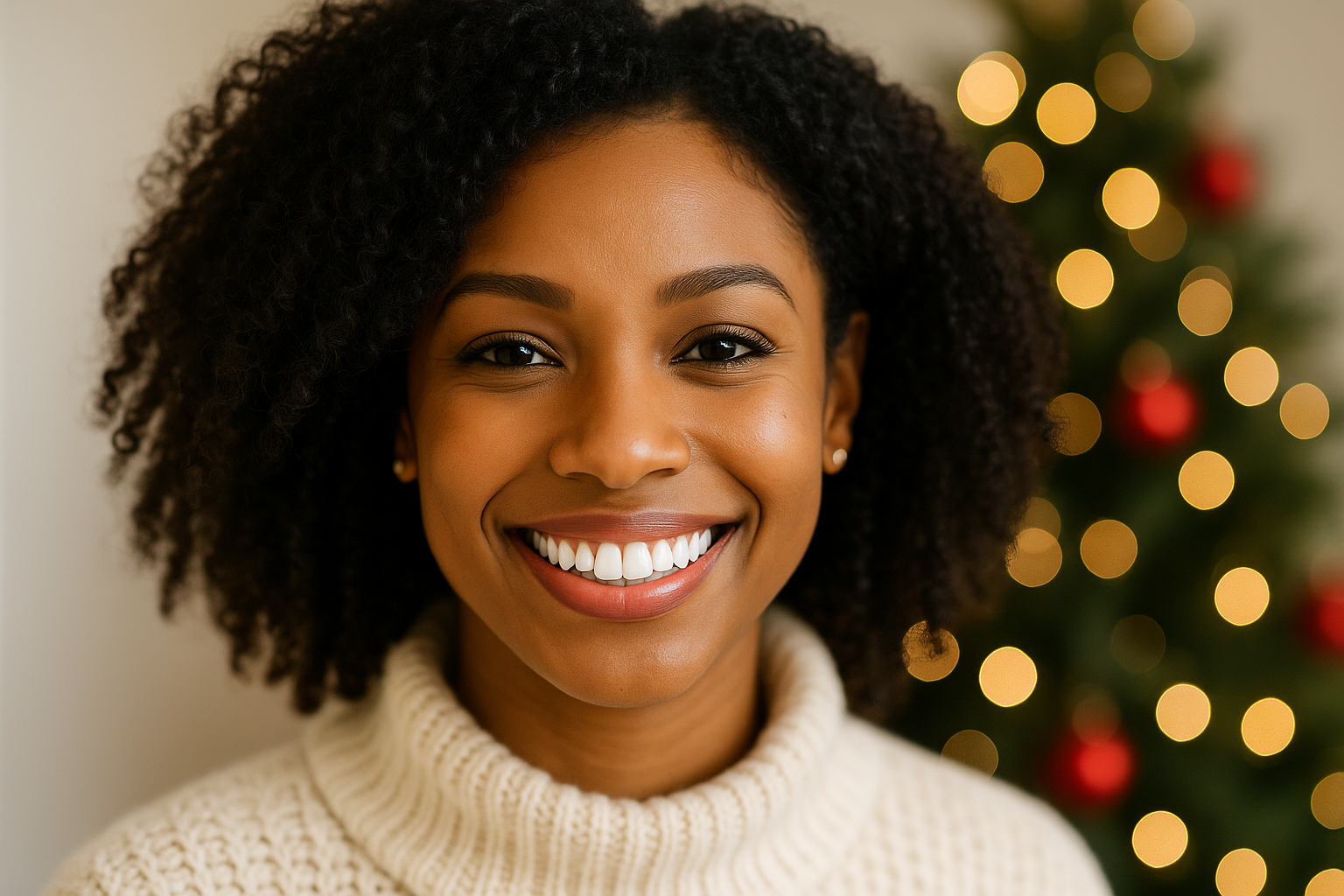 Smiling woman with bright white teeth in a cozy holiday setting at a Syosset dental office