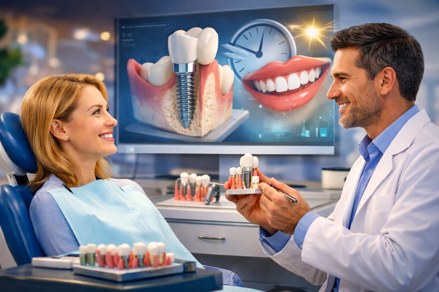 Dentist discussing same-day dental implant options with a patient during a consultation in Syosset, NY