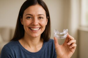 Smiling woman holding a sleep apnea oral appliance at Shine Dental Associates in Syosset, NY, demonstrating a dental solution for better nighttime breathing for patients across the North Shore.