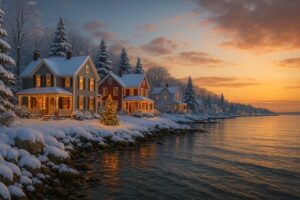 Photorealistic winter scene of Long Island’s North Shore coastline with snow-covered trees and calm water, created for Shine Dental Associates' holiday blog.