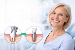 Smiling patient with dental implant illustration showing same-day tooth extraction and implant placement in Syosset, NY