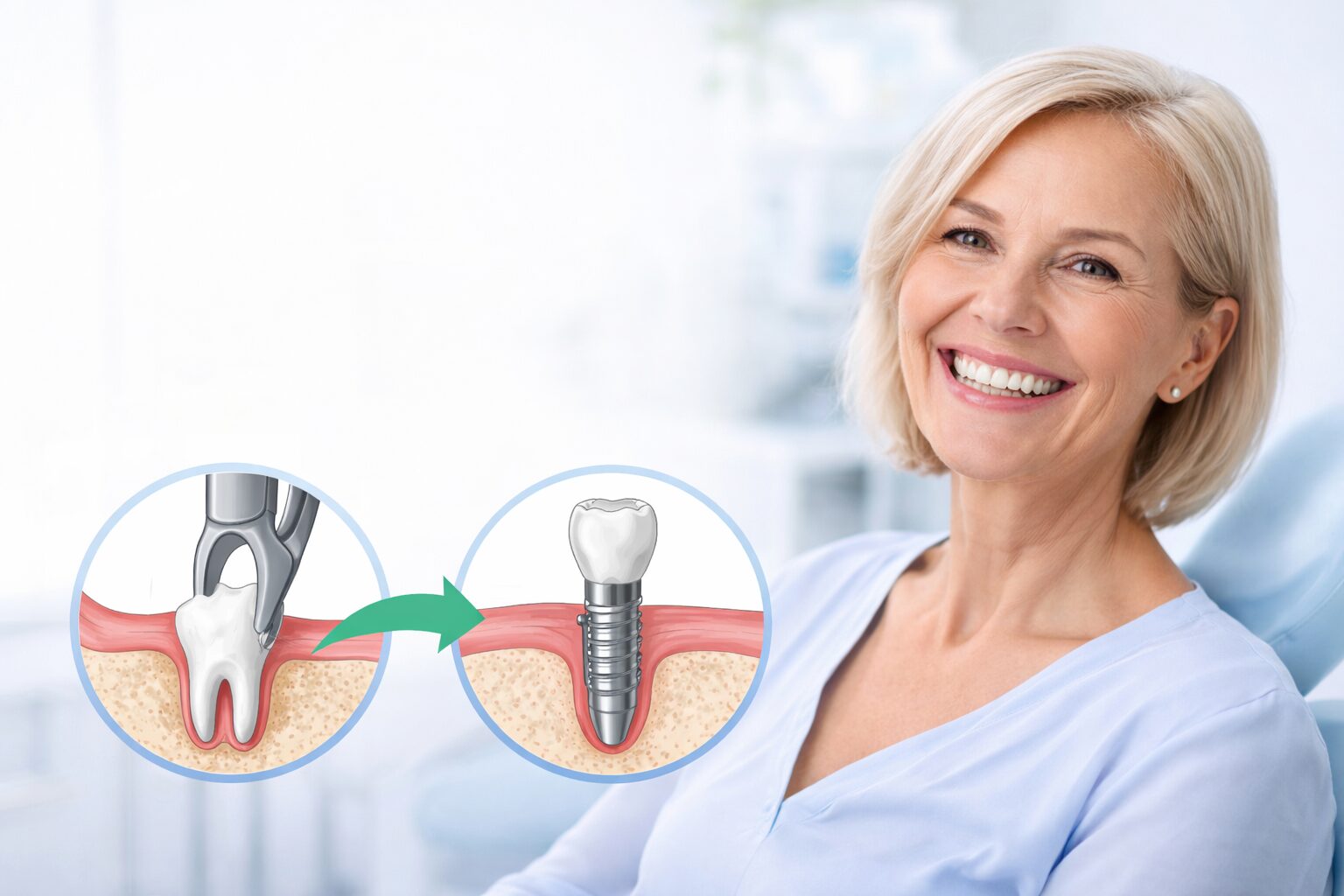 Smiling patient with dental implant illustration showing same-day tooth extraction and implant placement in Syosset, NY