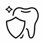Minimalist line icon of a tooth with a protective shield symbolizing cavity prevention