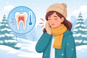 Flat-style illustration of a woman experiencing tooth sensitivity in cold winter weather