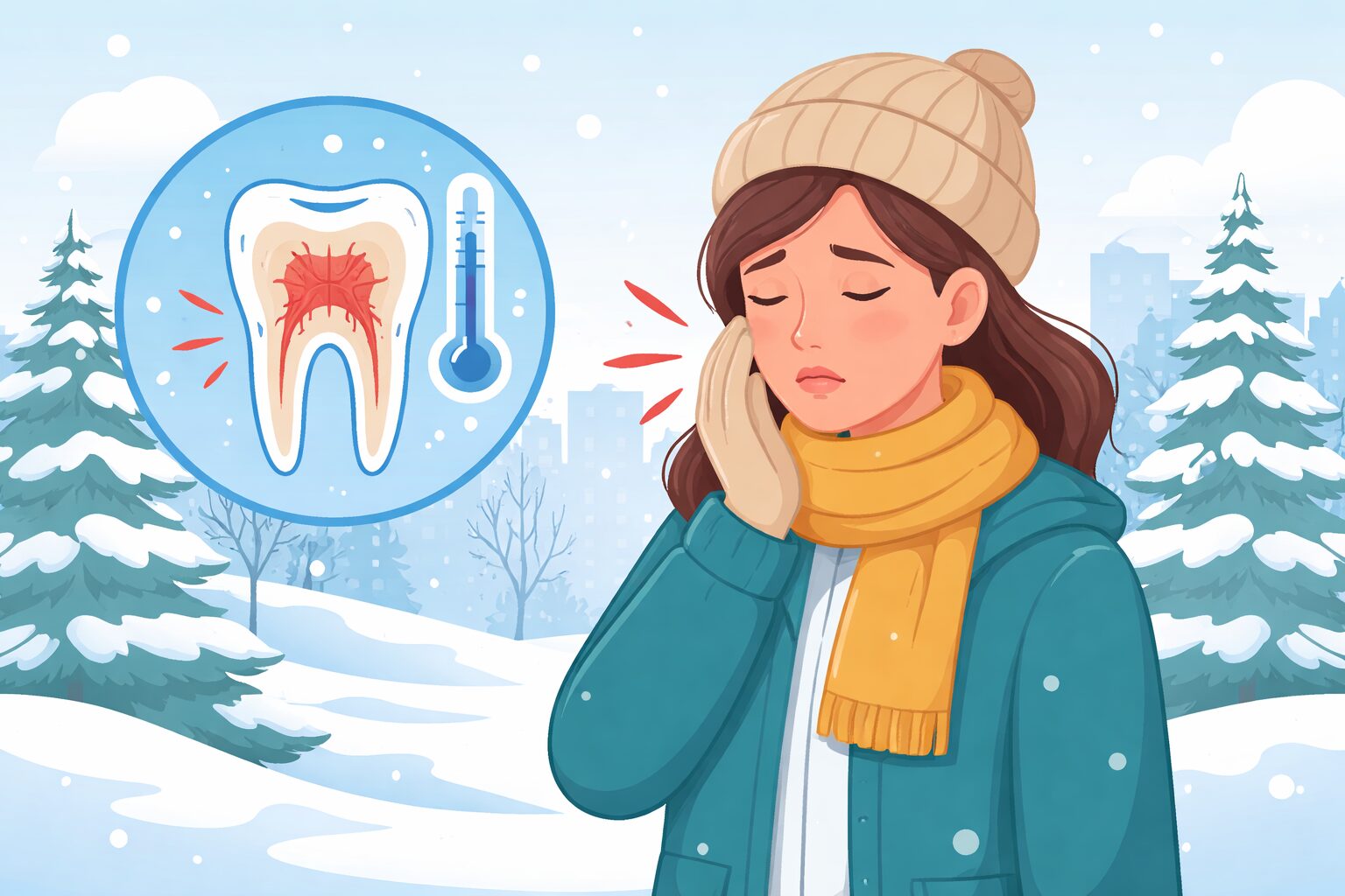 Flat-style illustration of a woman experiencing tooth sensitivity in cold winter weather