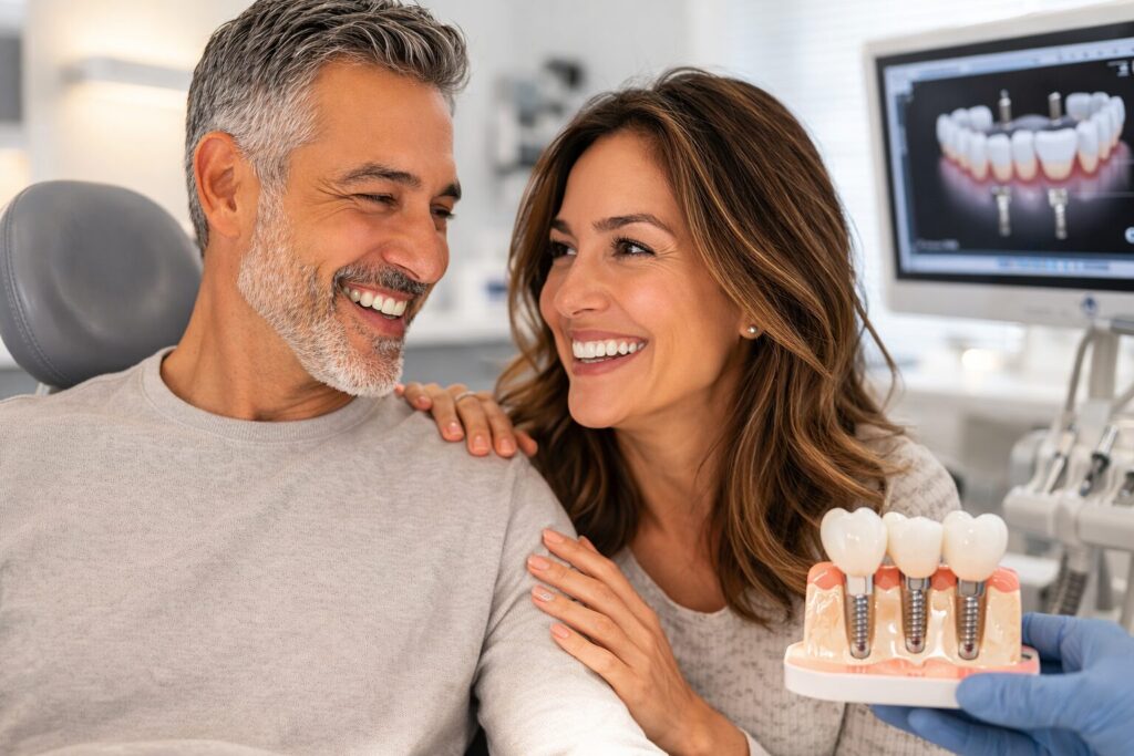 Smiling couple reviewing same-day dental implant treatment with dentist in Syosset NY