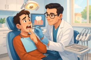 Dentist explaining a dental crown treatment for a damaged tooth during a consultation in Syosset NY