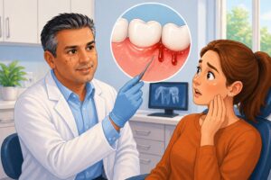 Dentist explaining a dental crown treatment for a damaged tooth during a consultation in Syosset NY
