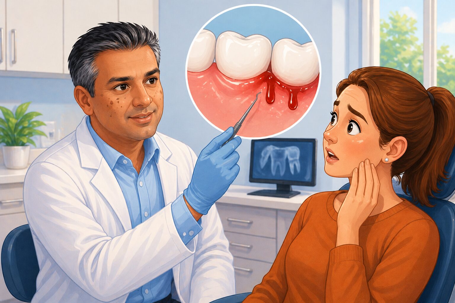 Dentist explaining a dental crown treatment for a damaged tooth during a consultation in Syosset NY