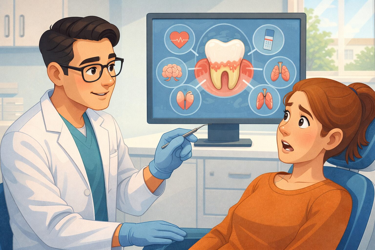 Dentist explaining the connection between periodontal disease and overall health during a consultation in Syosset NY