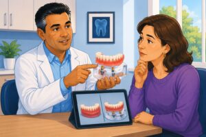 Dentist explaining implant denture options to a patient with loose dentures in Syosset NY