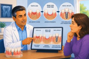 Dentist explaining how missing teeth can lead to jawbone bone loss and how dental implants help preserve bone in Syosset NY