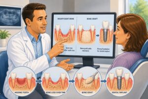 Dentist explaining a dental crown treatment for a damaged tooth during a consultation in Syosset NY