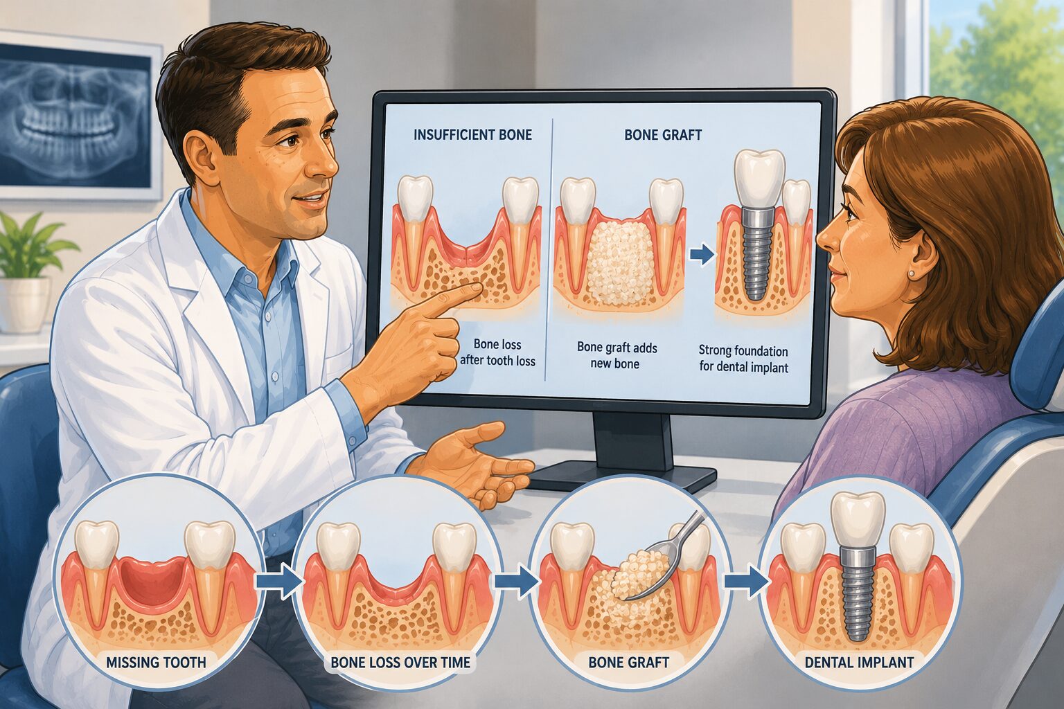 Dentist explaining a dental crown treatment for a damaged tooth during a consultation in Syosset NY