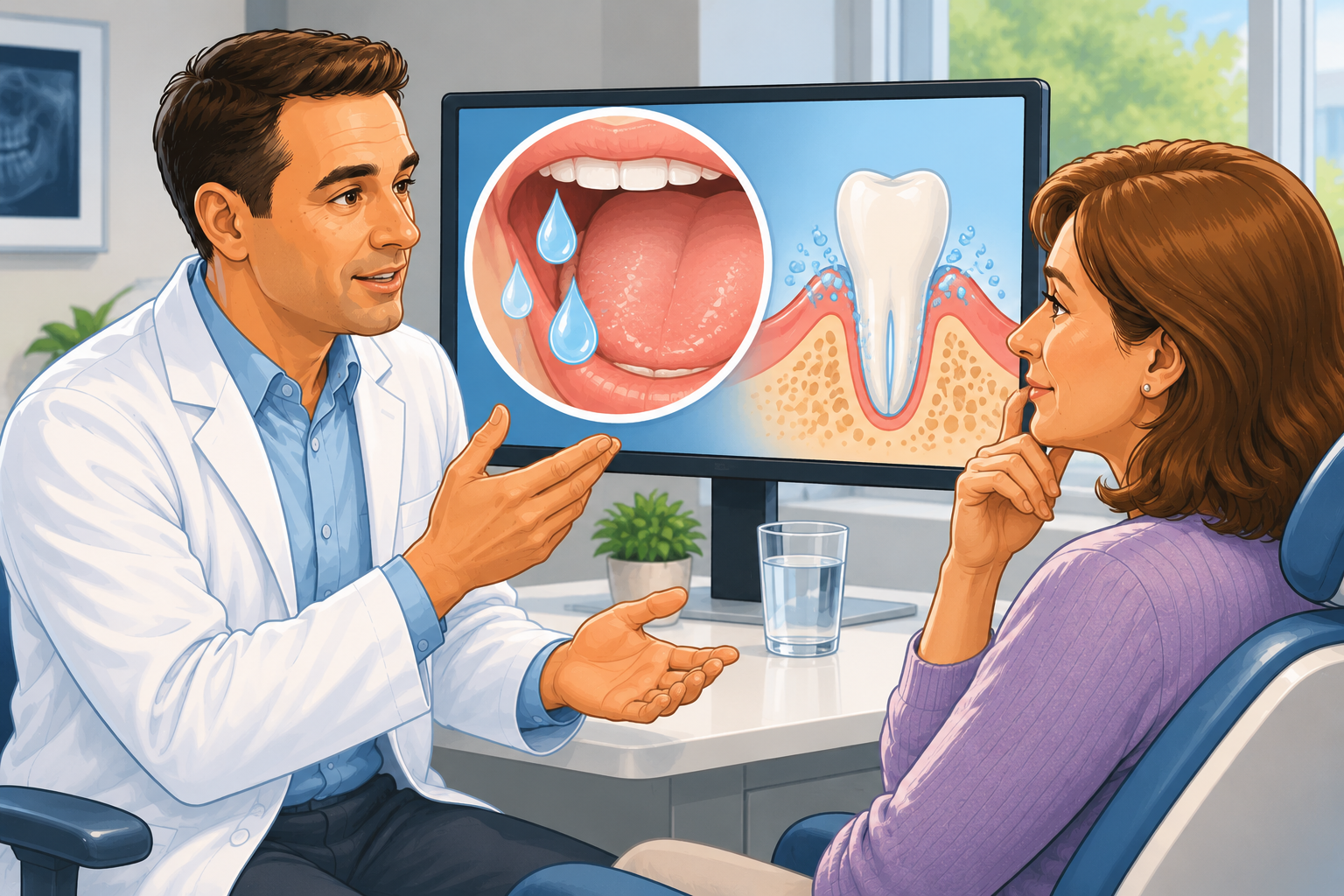 Dentist explaining dry mouth causes and saliva's role in protecting teeth to a patient during a dental consultation.